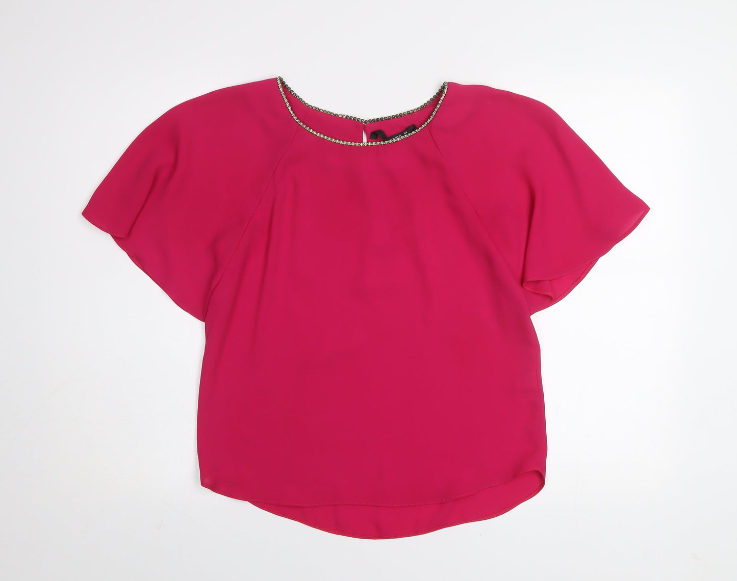 Dunnes Women’s Pink Beaded Neck Blouse Size 8 Flutter Sleeve