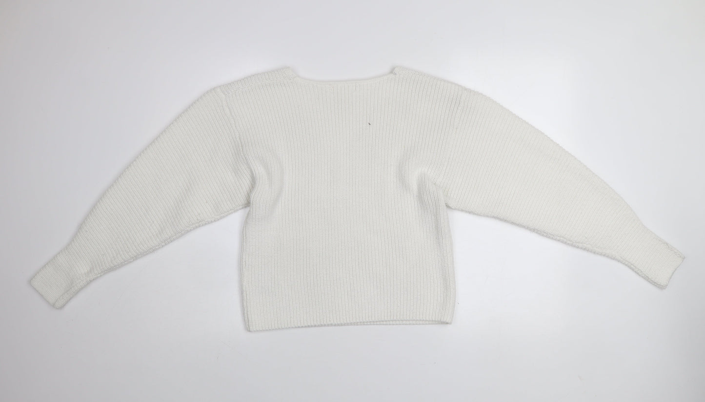 H&M Women’s White V-Neck Knit Pullover Jumper Size M