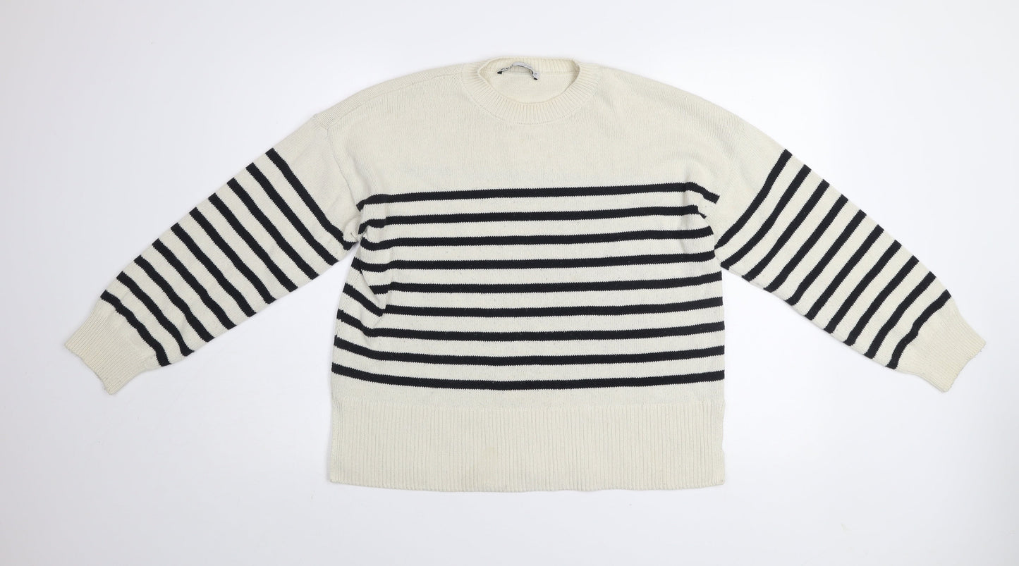 Zara Womens Black White Striped Cotton Crew Neck Jumper Size S