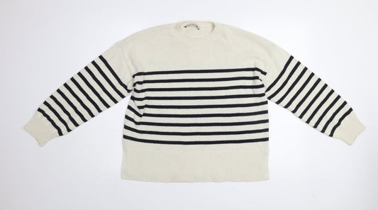 Zara Womens Black White Striped Cotton Crew Neck Jumper Size S