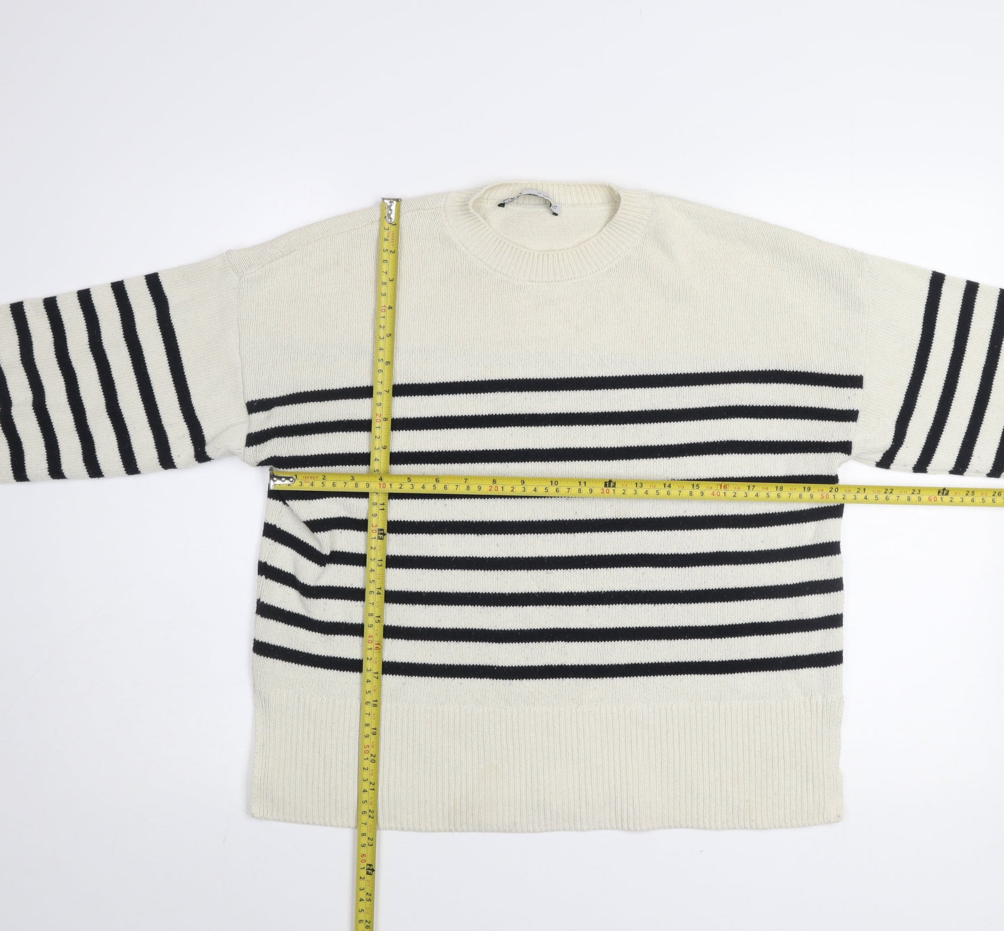 Zara Womens Black White Striped Cotton Crew Neck Jumper Size S