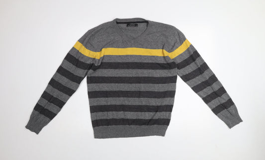Losan Men's Grey Striped Cotton V-Neck Pullover Jumper M