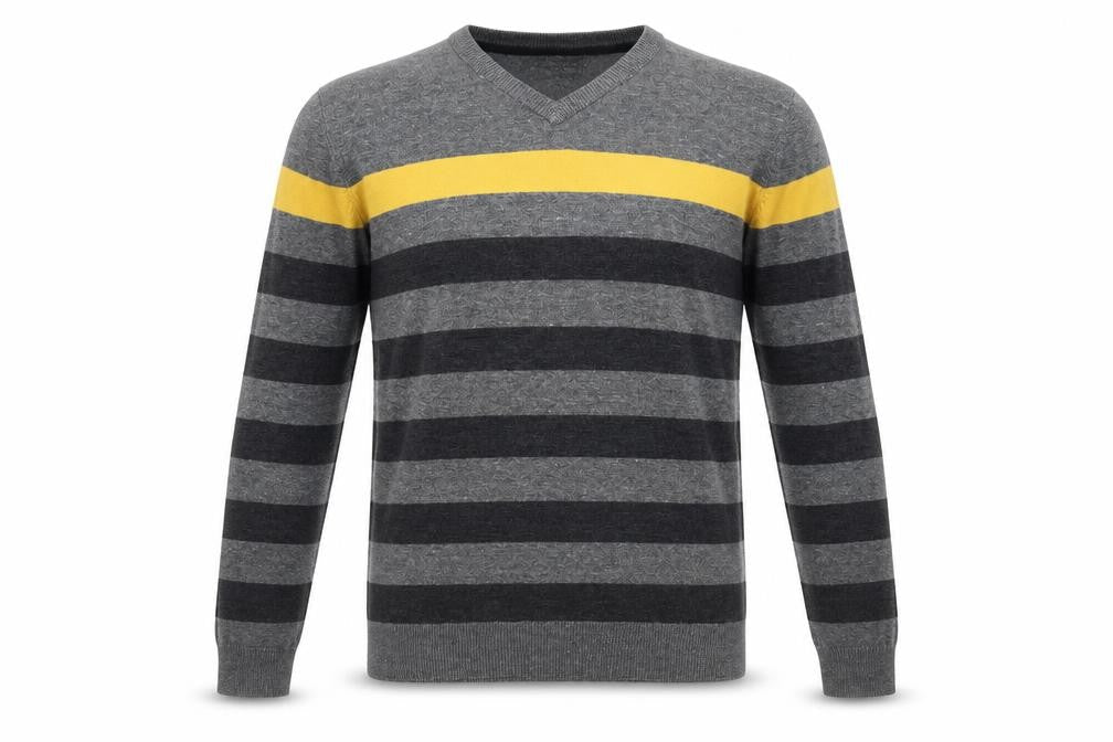 Losan Men's Grey Striped Cotton V-Neck Pullover Jumper M