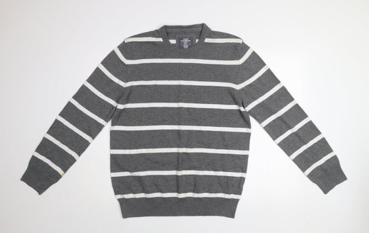H&M L.O.G.G Men Grey Striped Cotton Crew Neck Jumper Size L