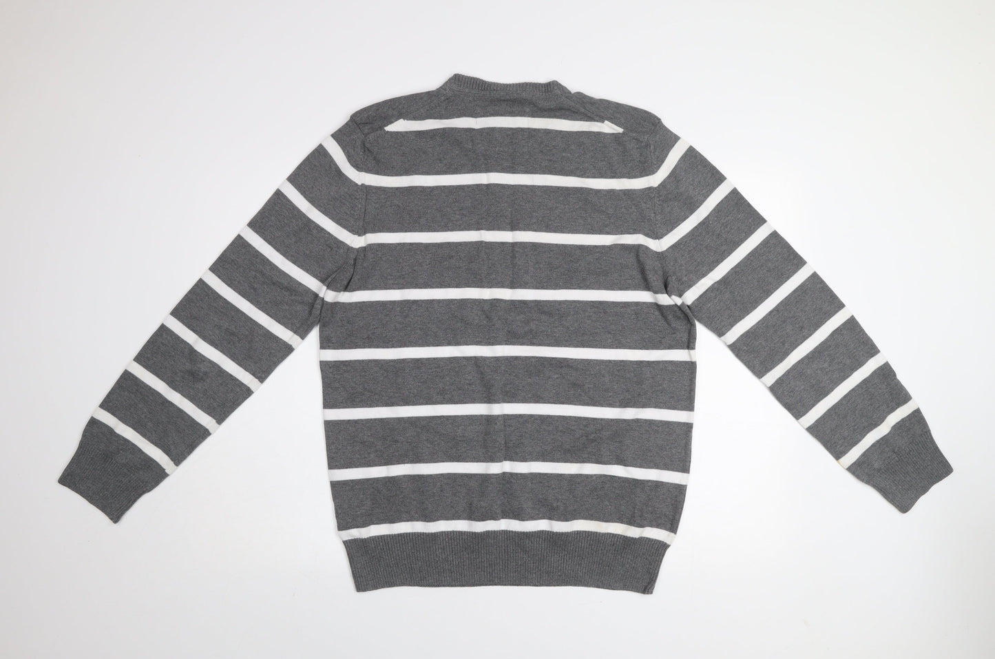 H&M L.O.G.G Men Grey Striped Cotton Crew Neck Jumper Size L