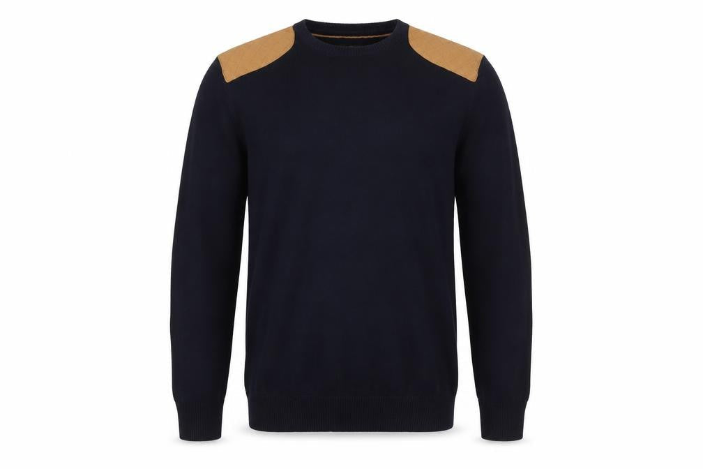 RESERVED Men's Navy Blue Cotton Crew Neck Quilted Shoulder Jumper L