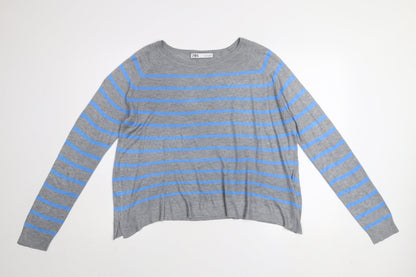 Zara Women Grey Blue Striped Pullover Jumper L Boat Neck Knit