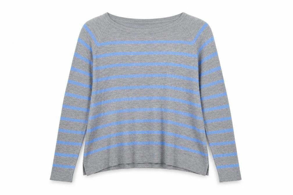 ZARA Women Grey Blue Striped Pullover Jumper L Boat Neck Knit