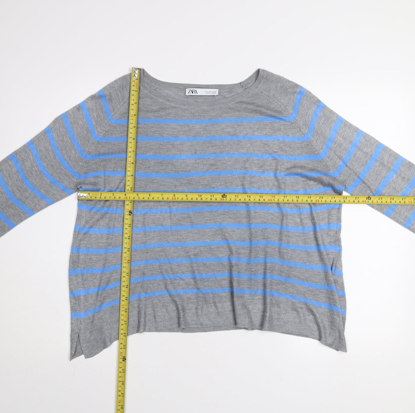 ZARA Women Grey Blue Striped Pullover Jumper L Boat Neck Knit