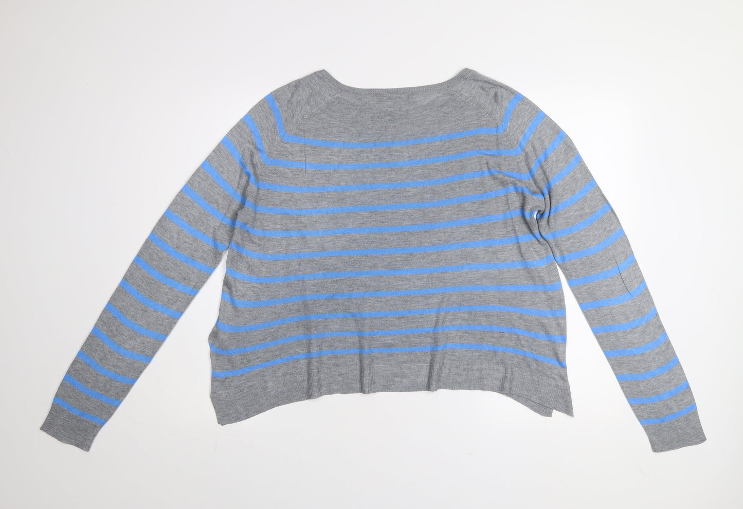 ZARA Women Grey Blue Striped Pullover Jumper L Boat Neck Knit