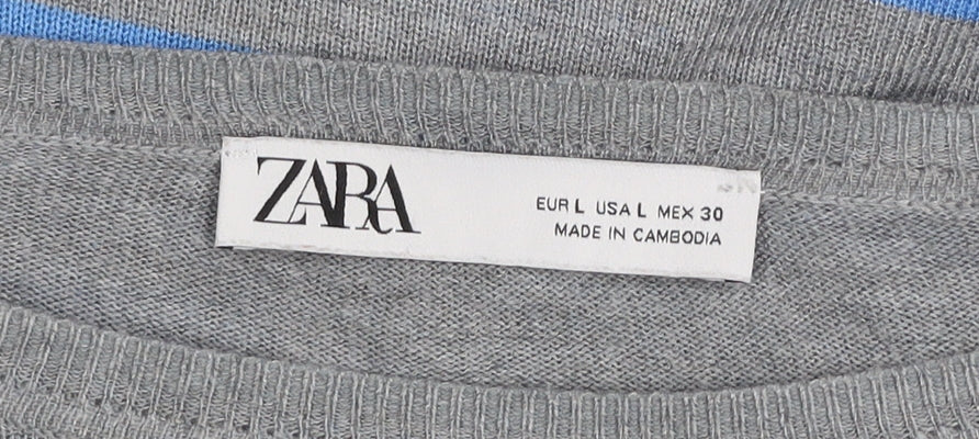 ZARA Women Grey Blue Striped Pullover Jumper L Boat Neck Knit