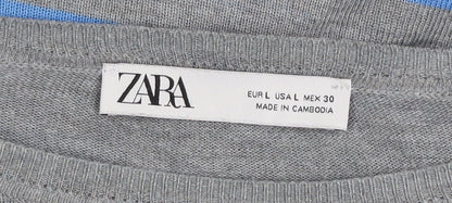 Zara Women Grey Blue Striped Pullover Jumper L Boat Neck Knit