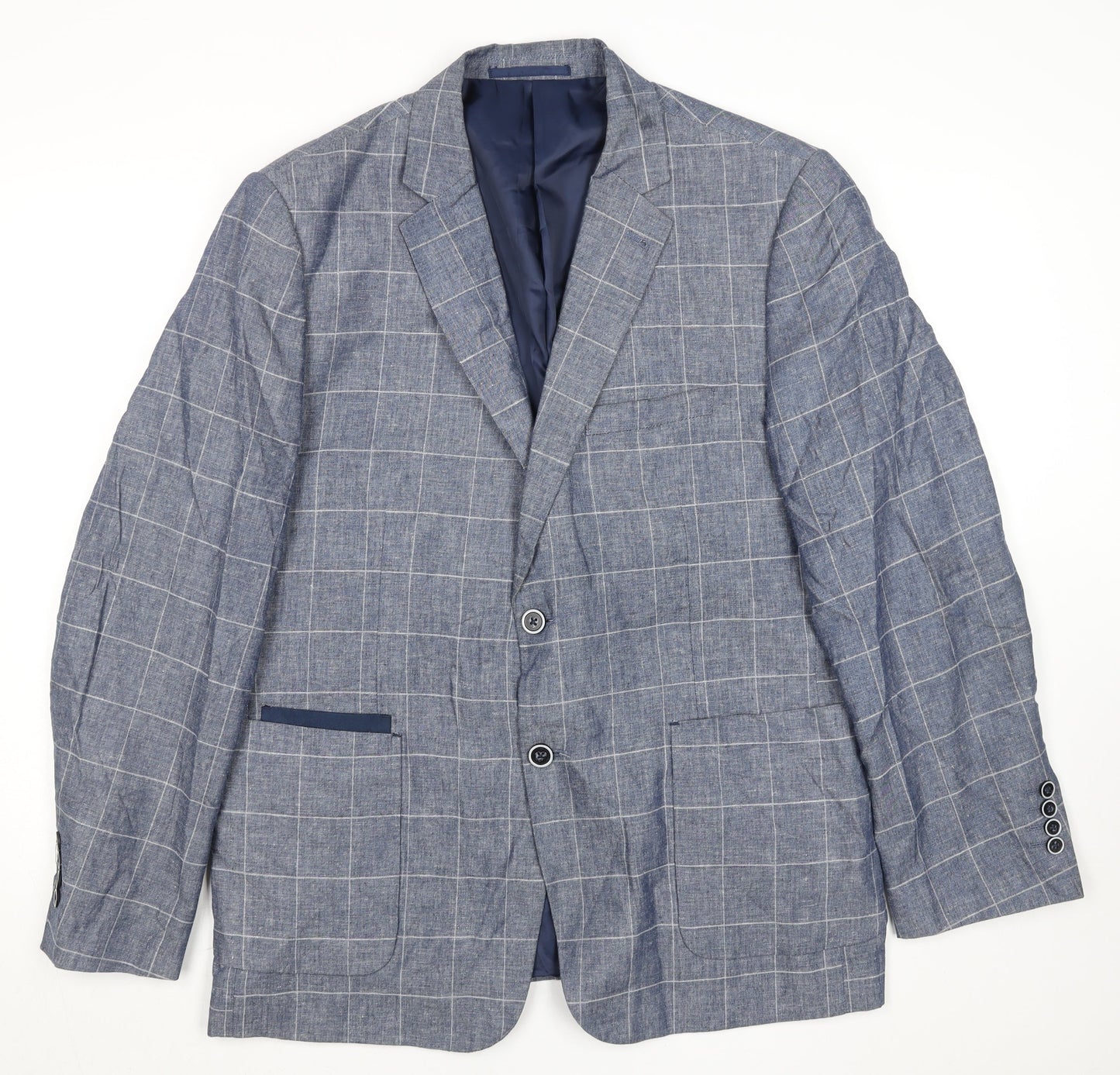 Broadstone Bros Men's Blue Check Blazer 40R Tailored Fit Linen Blend