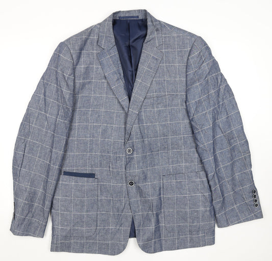 Broadstone Bros Men's Blue Check Blazer 40R Tailored Fit Linen Blend