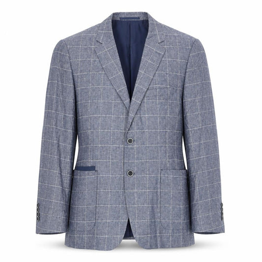 Broadstone Bros Men's Blue Check Blazer 40R Tailored Fit Linen Blend