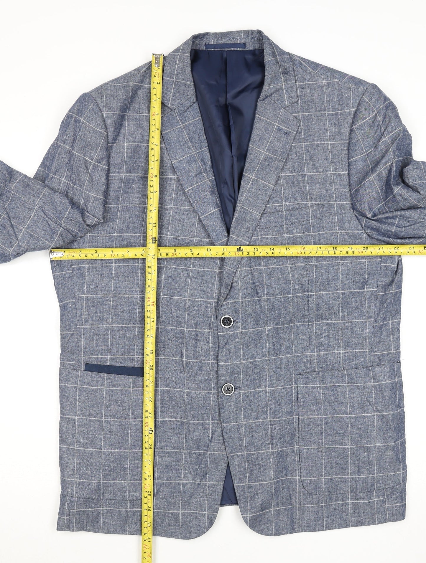 Broadstone Bros Men's Blue Check Blazer 40R Tailored Fit Linen Blend