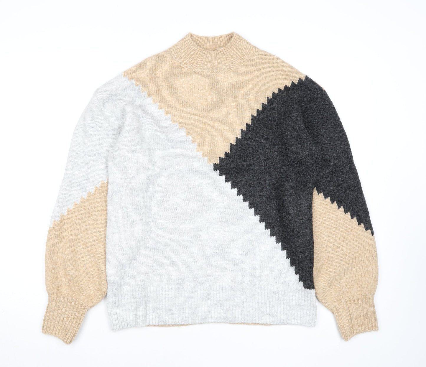 New Look Women Beige Colour Block High Neck Pullover Jumper Size S