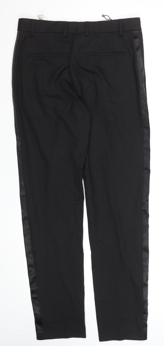 Zara Men Black Slim Fit Dress Pants 32W Formal Satin Trim Trousers