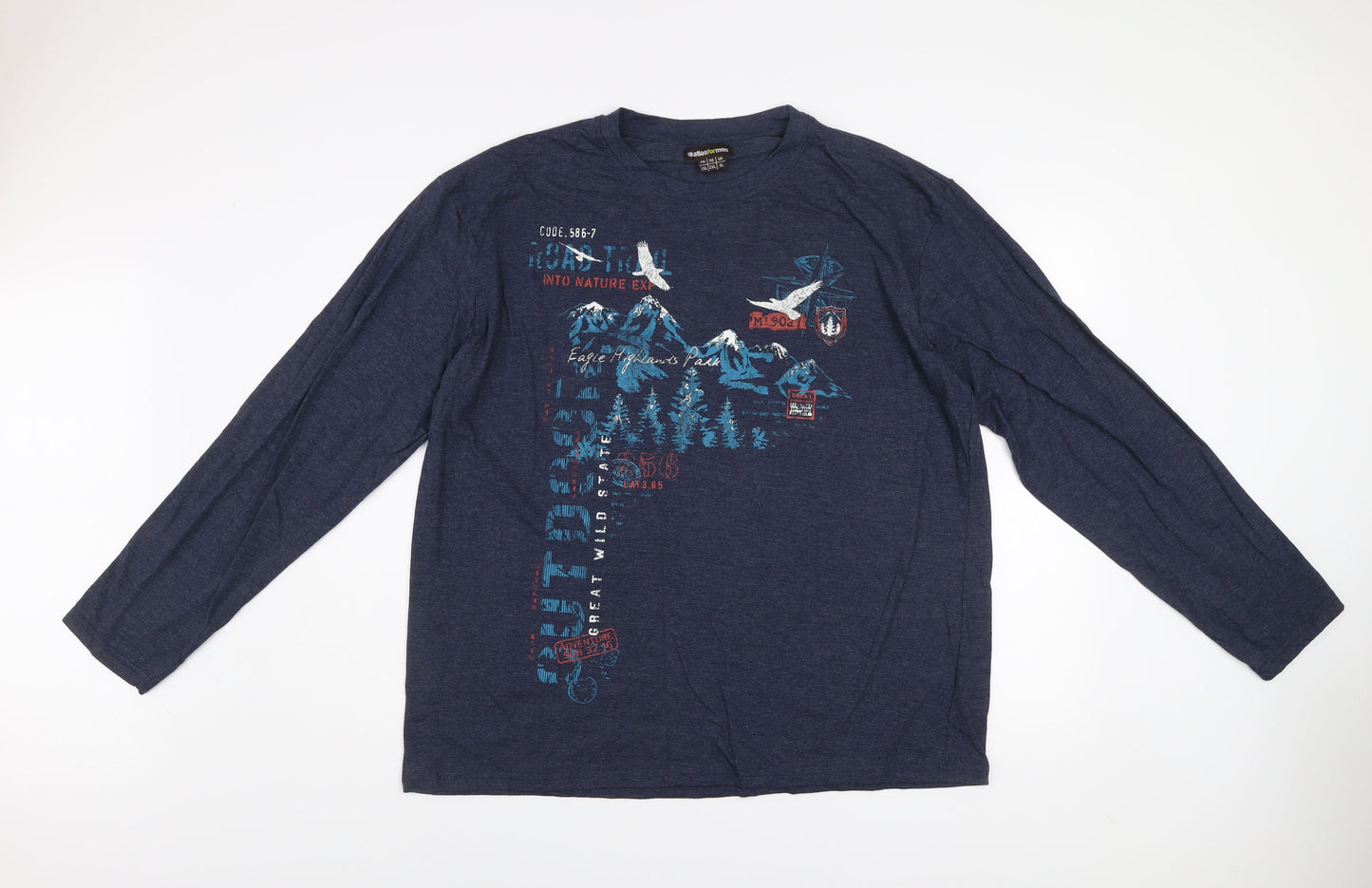 Atlas For Men Navy Blue Long Sleeve Graphic Cotton Blend T-Shirt XL
