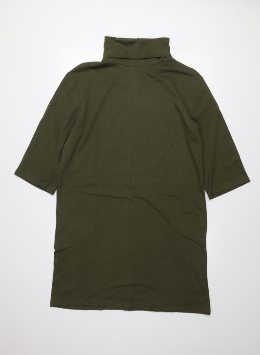 ZARA Women Green Roll Neck T-Shirt Dress L Casual Cotton Blend