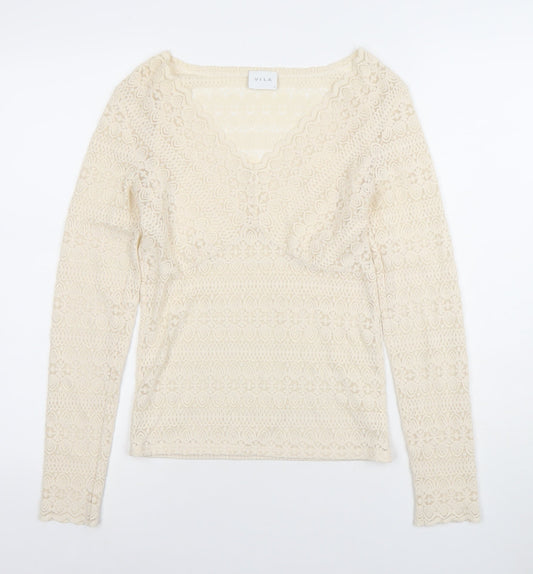 Vila Women’s Beige Lace Long Sleeve V-Neck Blouse Size M