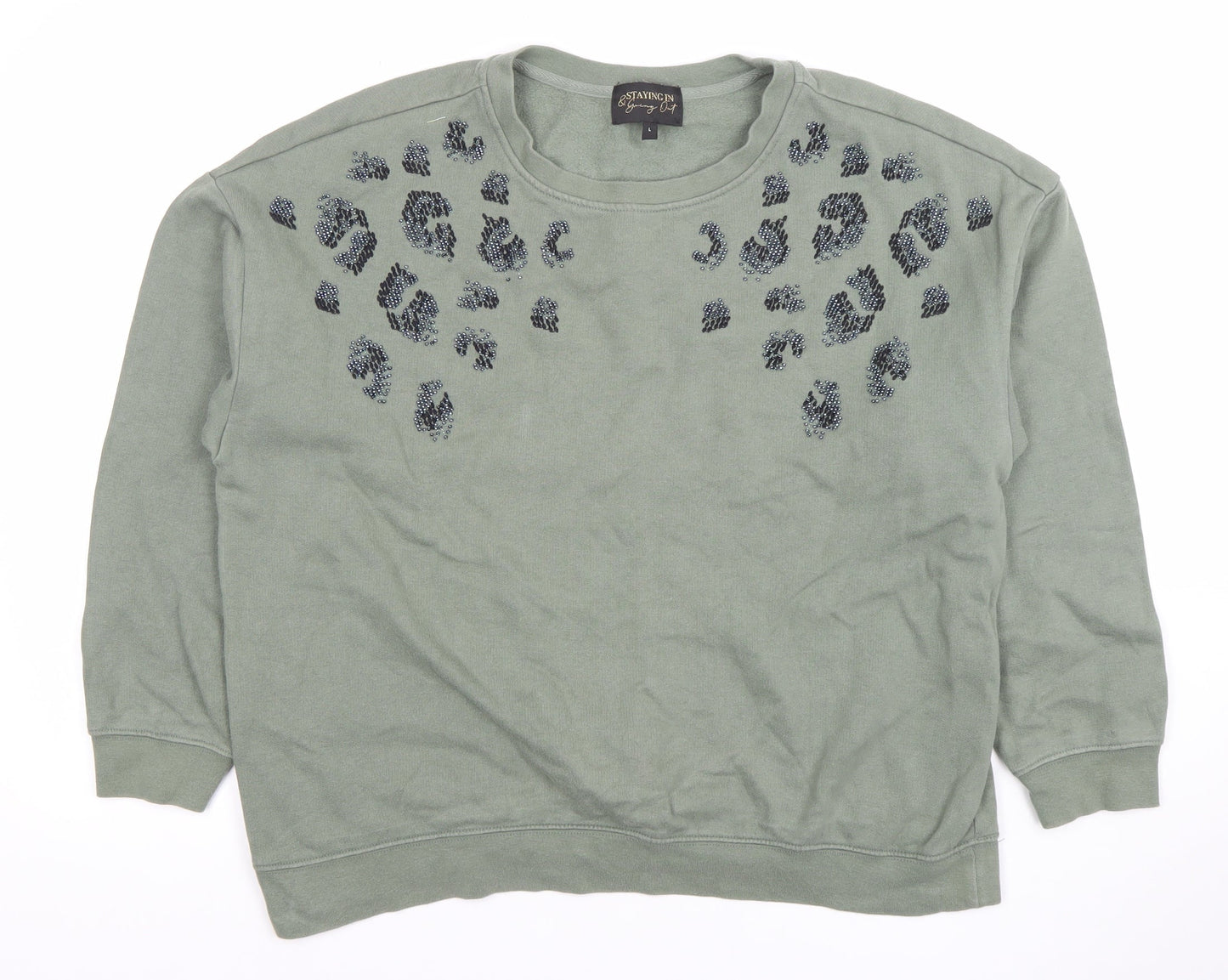 Next Women Khaki Green Beaded Leopard Print Crew Neck Sweatshirt Size L