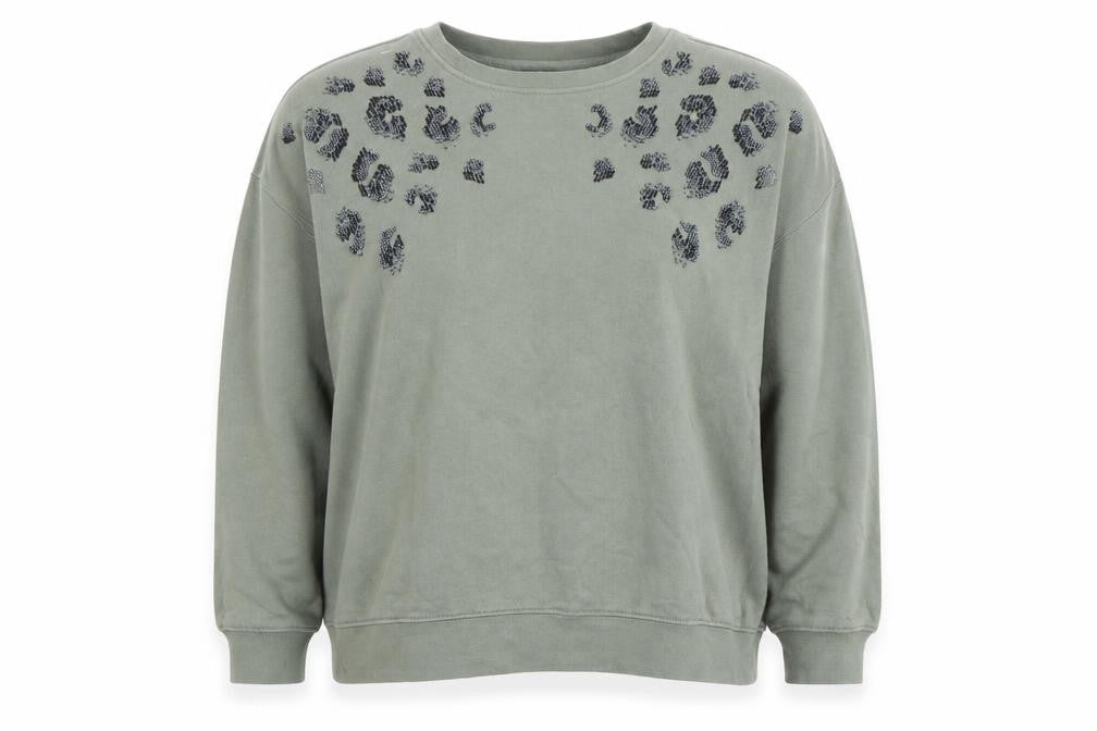 Next Women Khaki Green Beaded Leopard Print Crew Neck Sweatshirt Size L