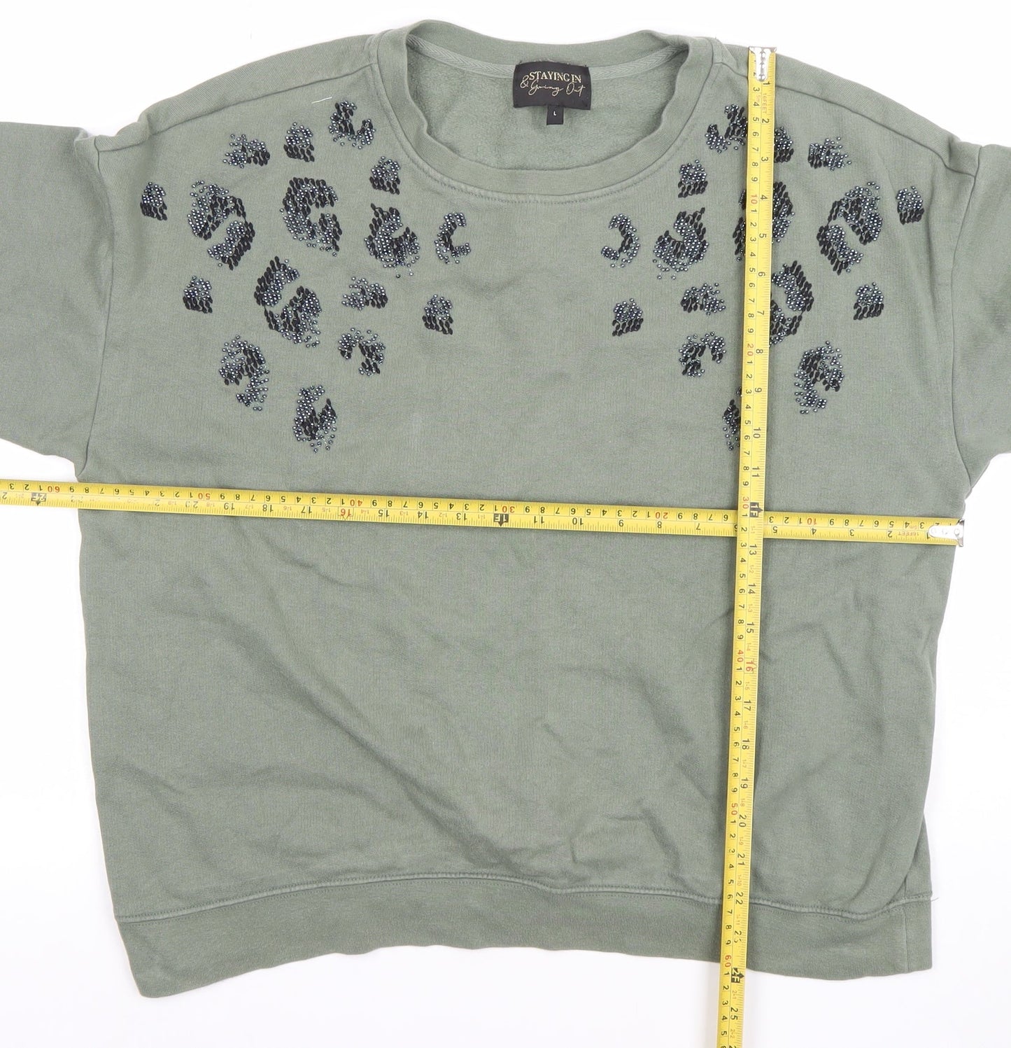 Next Women Khaki Green Beaded Leopard Print Crew Neck Sweatshirt Size L