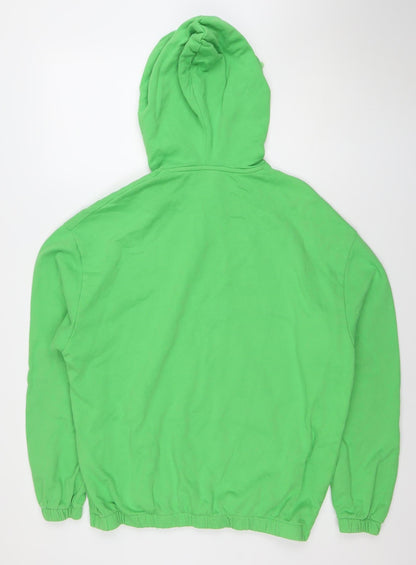 Close-up detail of ASOS DESIGN Men's Green Pullover Hoodie, size S, Regular Fit Fleece
