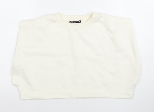 ZARA Women Ivory Cropped Cotton T-Shirt Size S Regular Fit