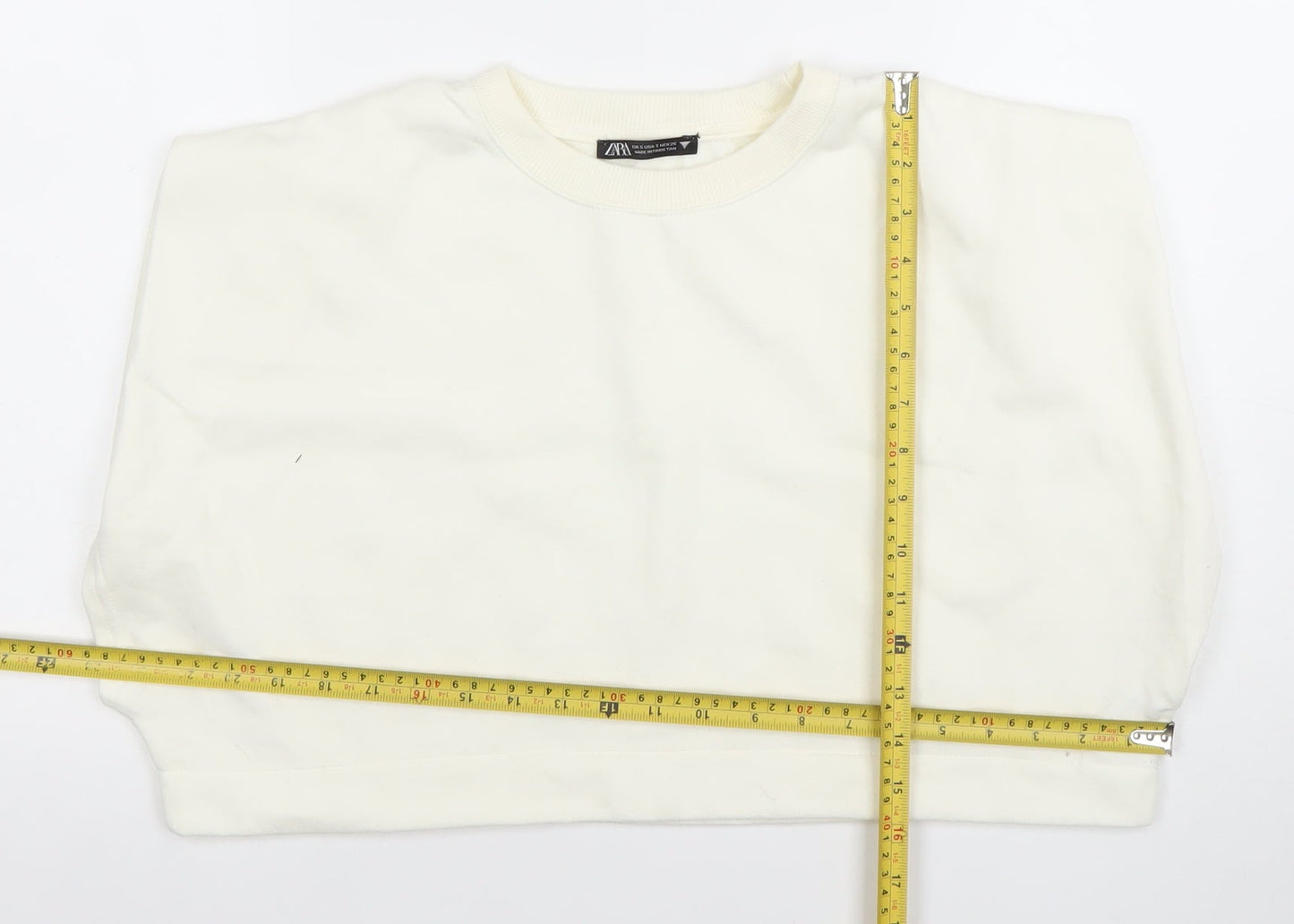 ZARA Women Ivory Cropped Cotton T-Shirt Size S Regular Fit