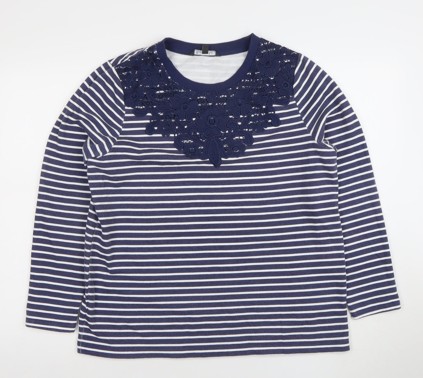 Bonmarché Women Navy White Stripe Floral Lace Long Sleeve Pullover Size 14