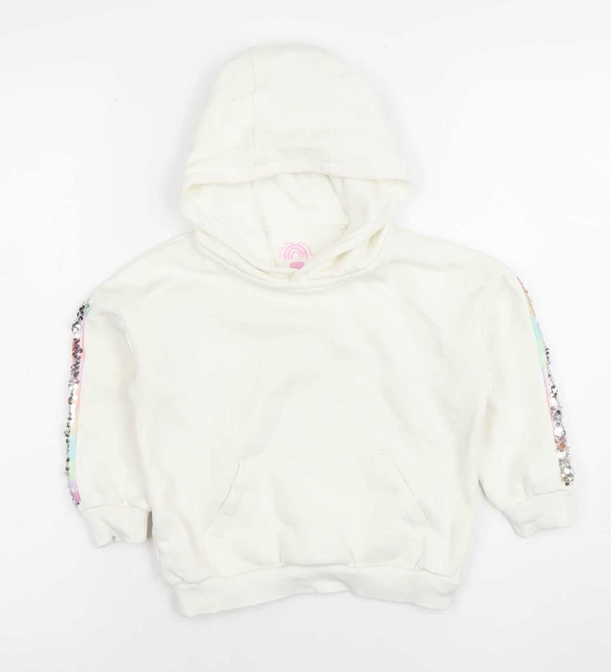 F&F Girls White Sequin Sleeve Pullover Hoodie 3-4 Years Cotton Blend