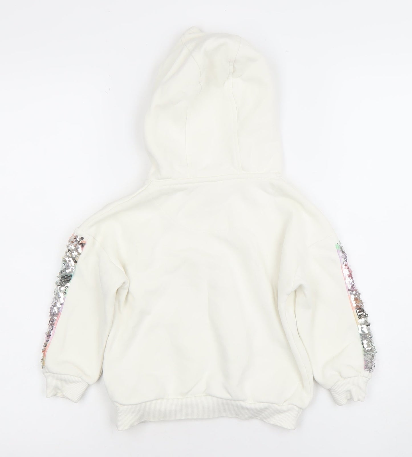 F&F Girls White Sequin Sleeve Pullover Hoodie 3-4 Years Cotton Blend