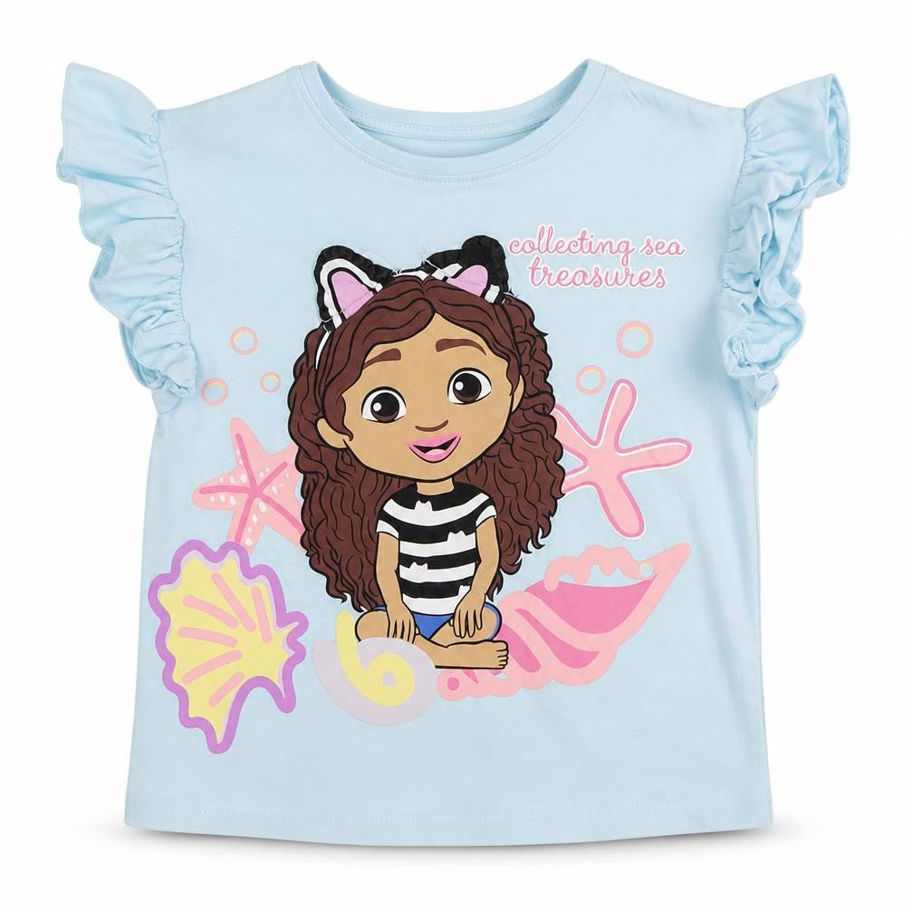 Gabby's Dollhouse Girls Blue Ruffle Sleeve T-Shirt 10 Years Cotton Graphic Top