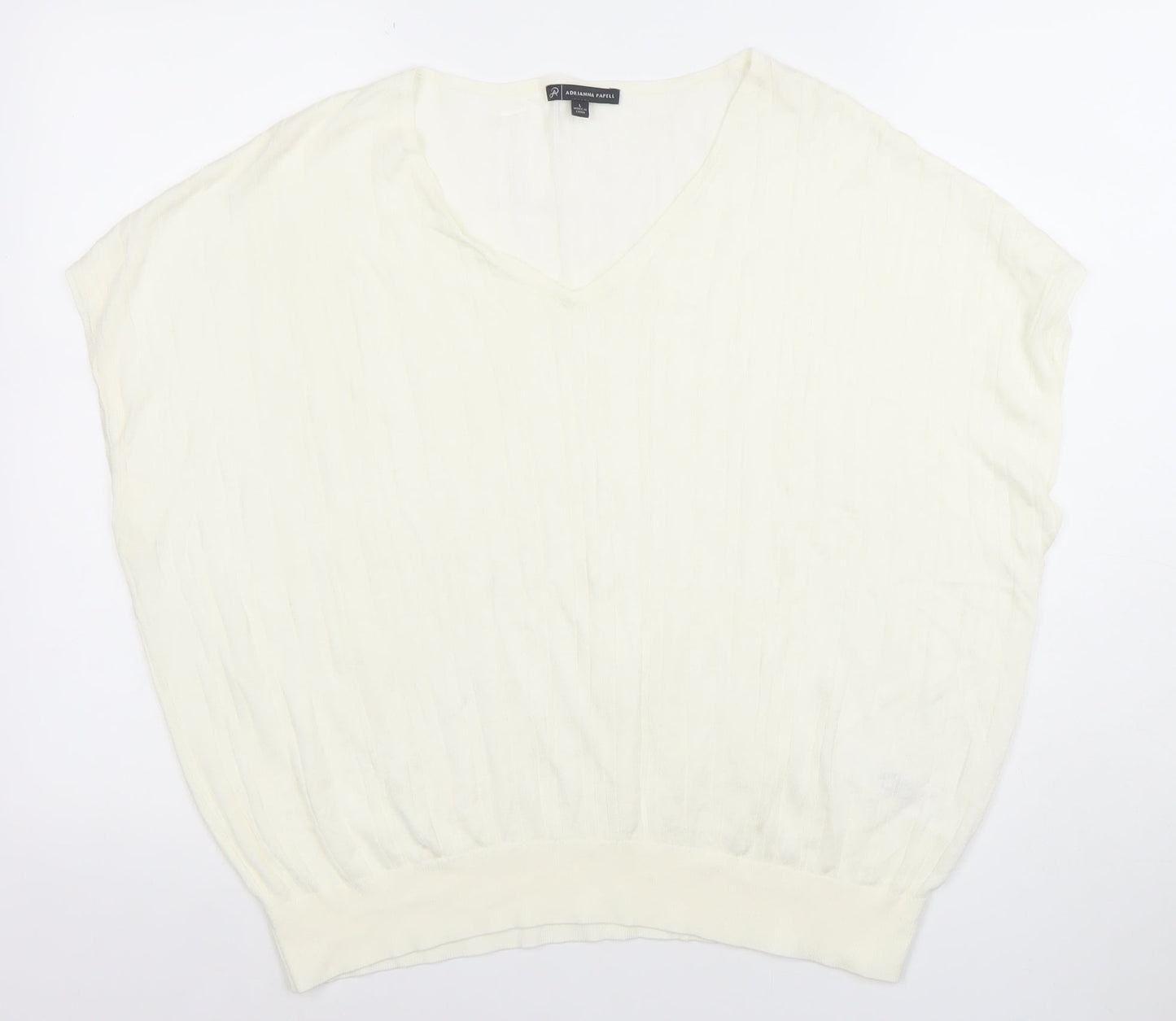 Adrianna Papell Women Ivory Knit V-Neck Relaxed Fit Blouse L
