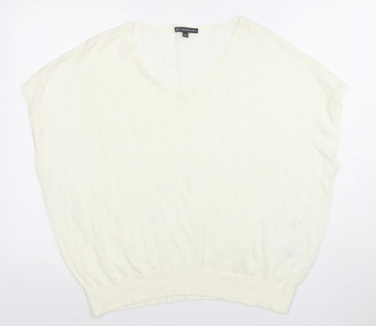 Adrianna Papell Women Ivory Knit V-Neck Relaxed Fit Blouse L