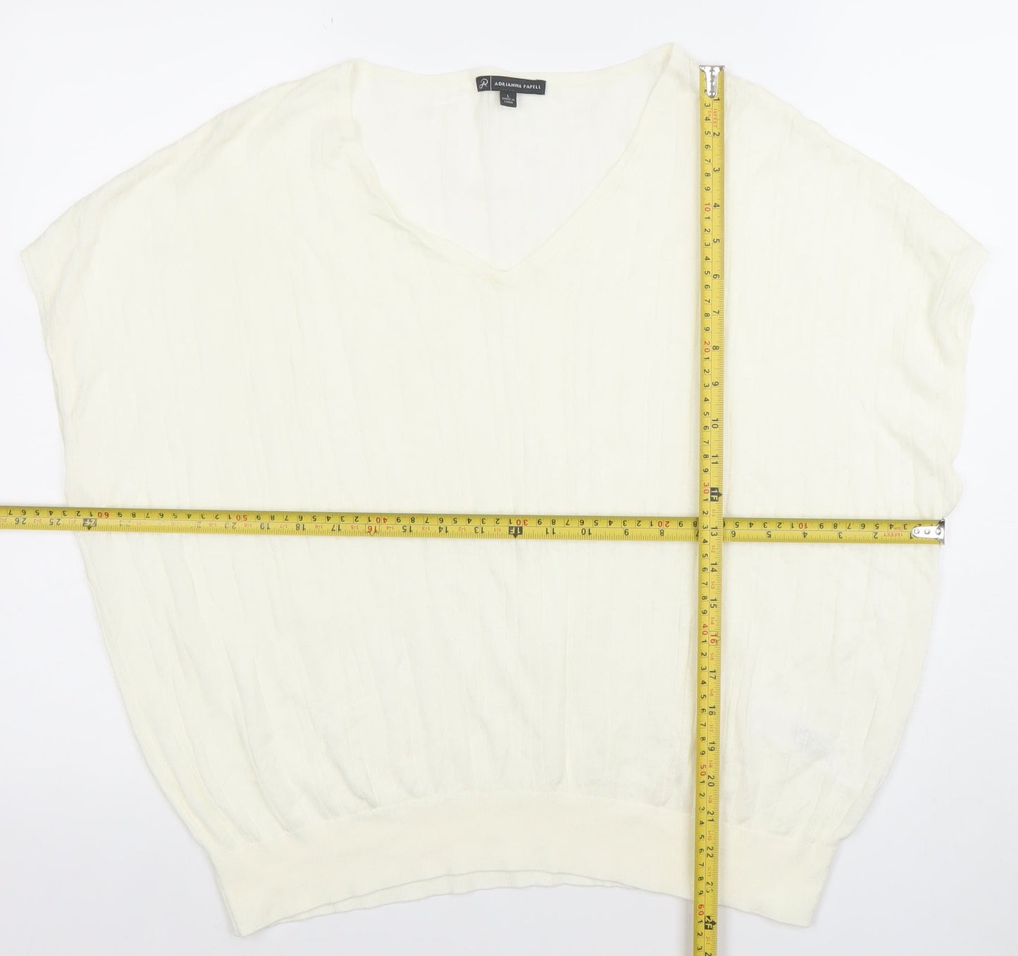 Adrianna Papell Women Ivory Knit V-Neck Relaxed Fit Blouse L