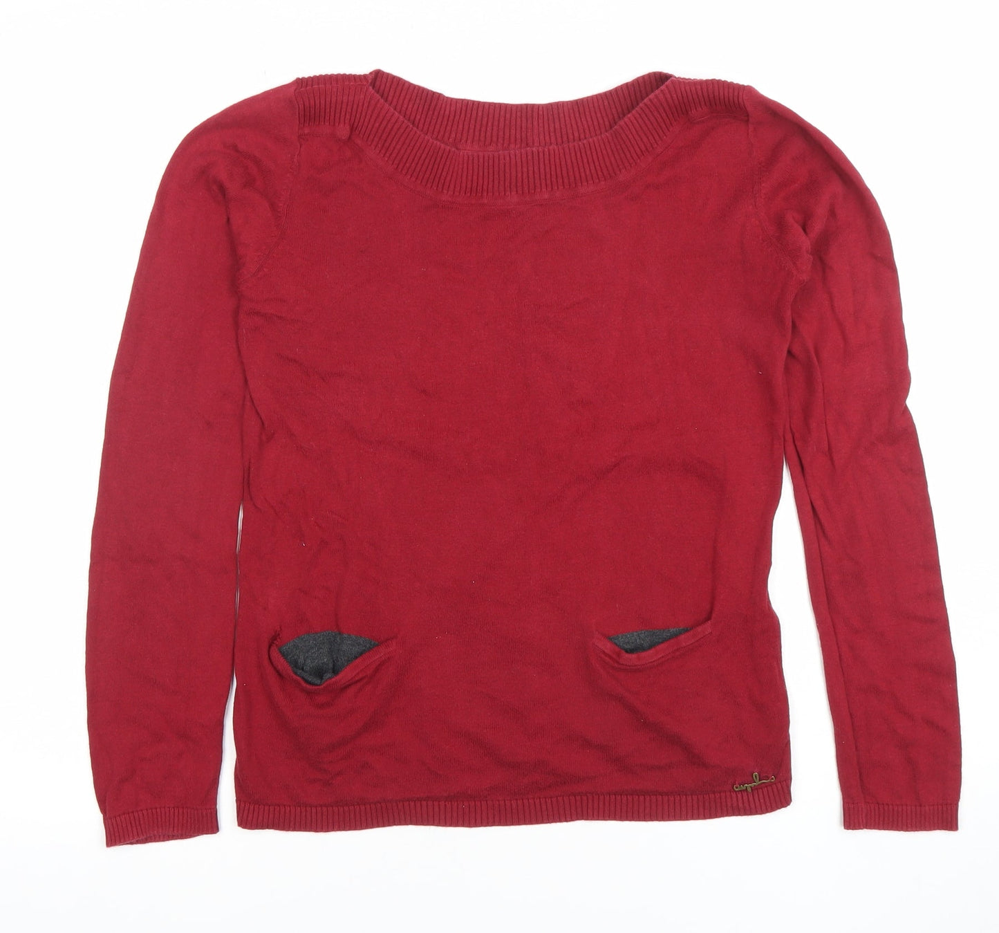 ONLY Women Red Knit Long Sleeve Boat Neck Cotton Blend Top L