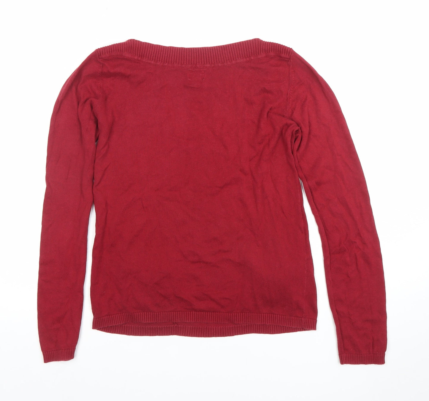ONLY Women Red Knit Long Sleeve Boat Neck Cotton Blend Top L