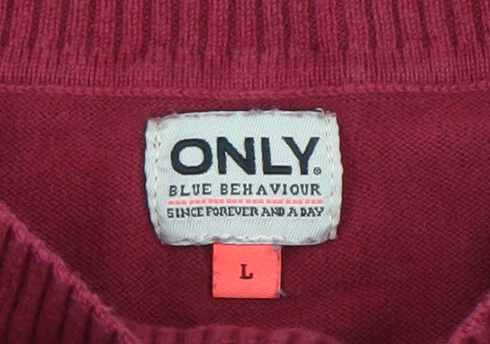 ONLY Women Red Knit Long Sleeve Boat Neck Cotton Blend Top L