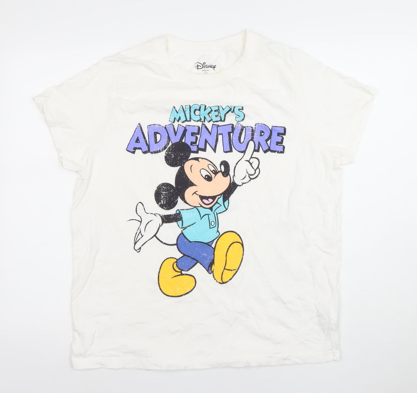 Disney Women's White Mickey Mouse Adventure L Cotton T-Shirt