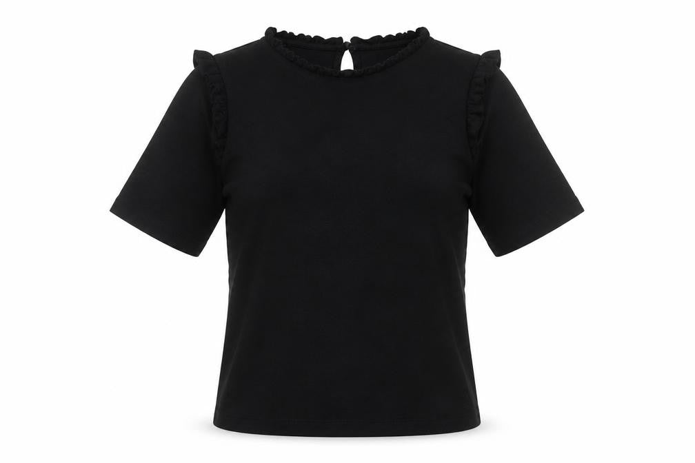 b.young Women's Black Ruffle High Neck Short Sleeve Blouse Size S
