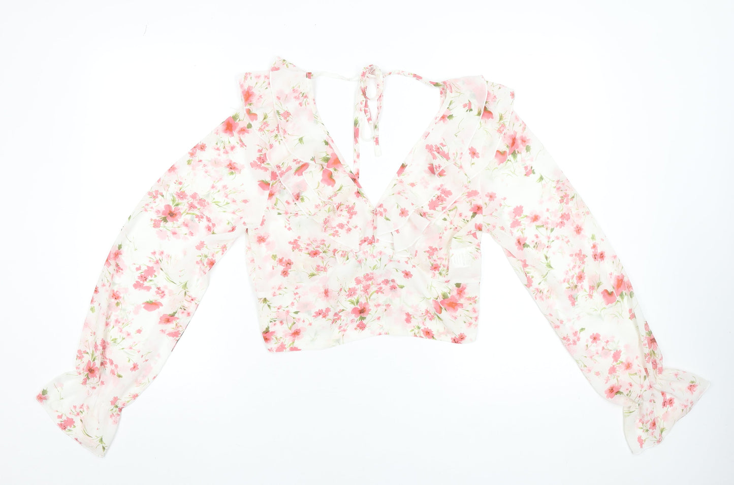 SBetro Womens Floral Chiffon Ruffle V-Neck Cropped Blouse - L
