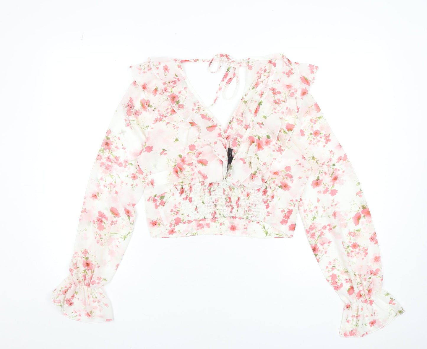 SBetro Womens Floral Chiffon Ruffle V-Neck Cropped Blouse - L