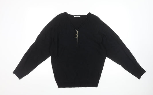 Zabaione Women’s Black V-Neck Half Zip Pullover Jumper Size S