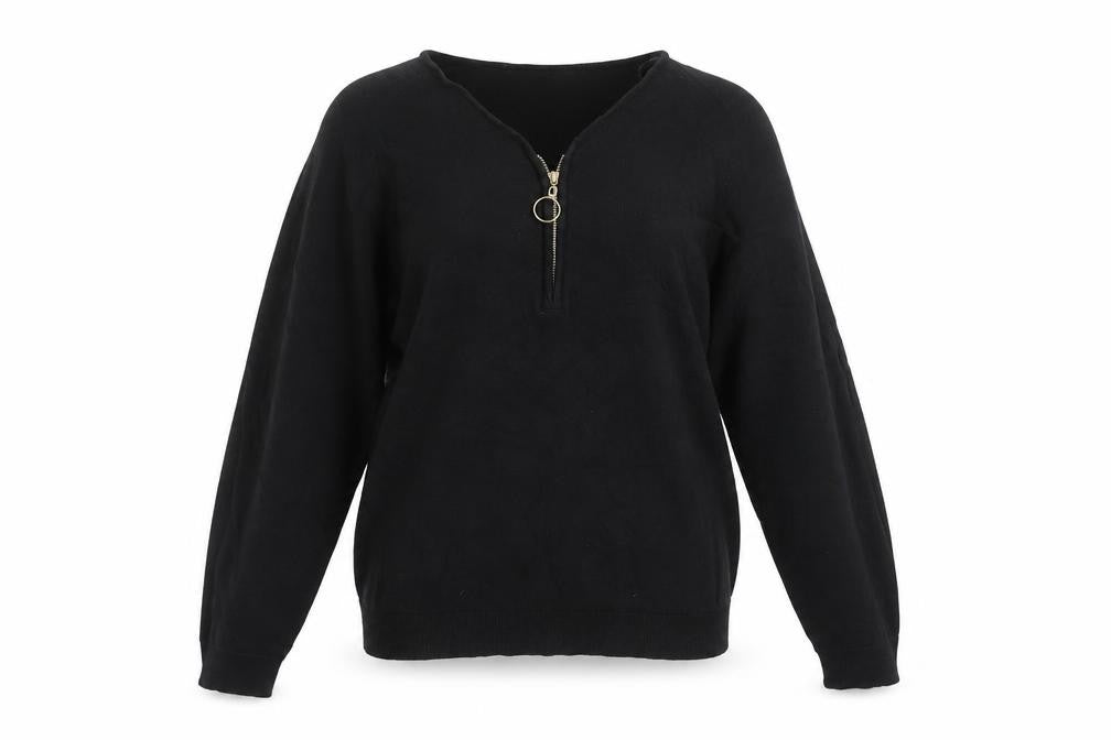 Zabaione Women’s Black V-Neck Half Zip Pullover Jumper Size S