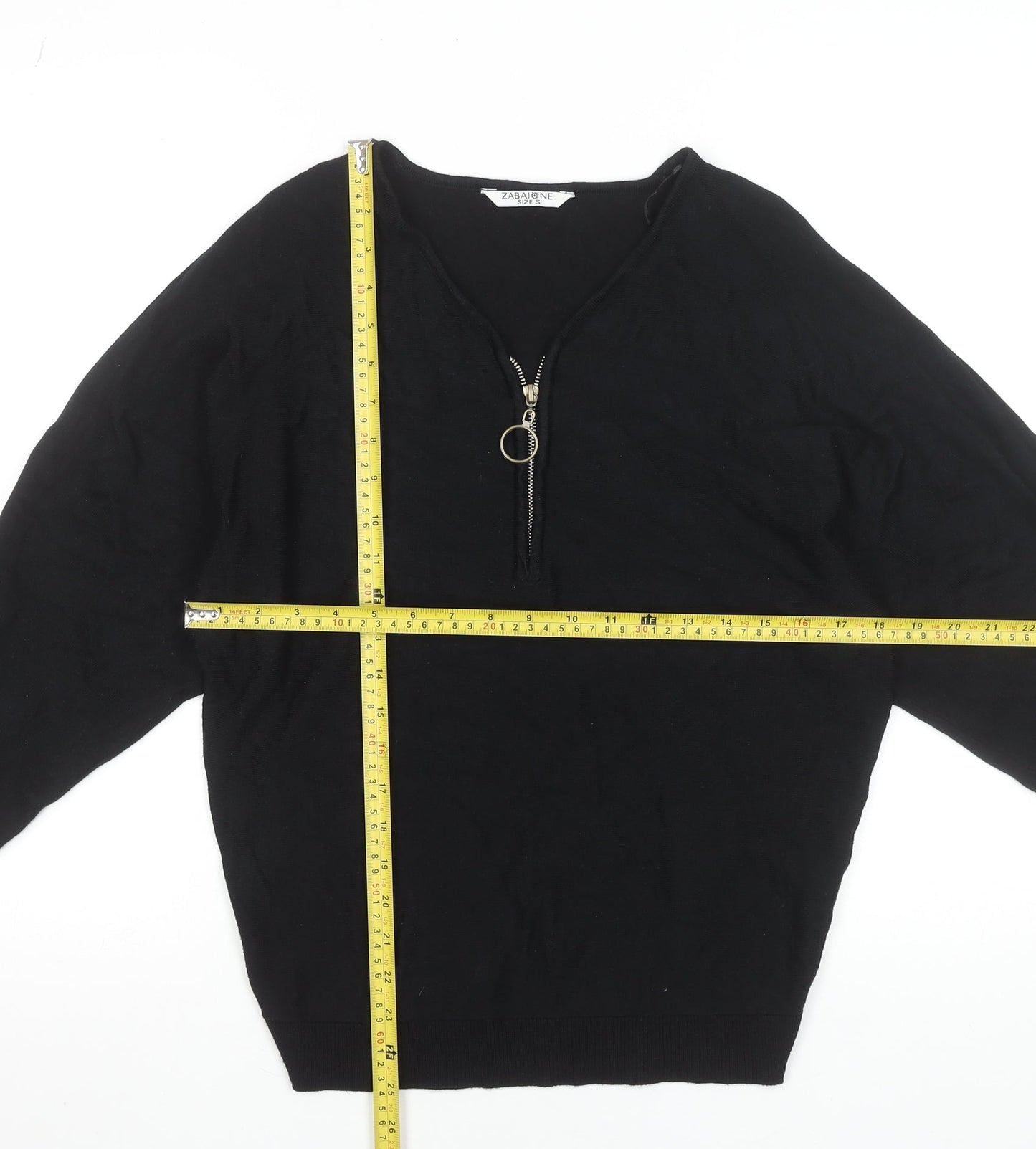 Zabaione Women’s Black V-Neck Half Zip Pullover Jumper Size S