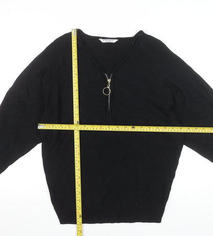 Zabaione Women’s Black V-Neck Half Zip Pullover Jumper Size S