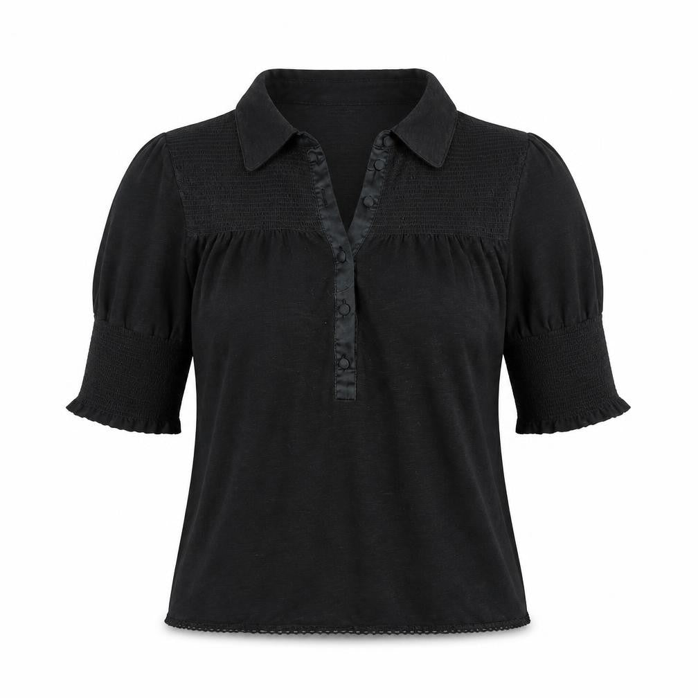 BY GROTH Women's Black Collared Cotton Stretch 3/4 Sleeve Blouse Size S